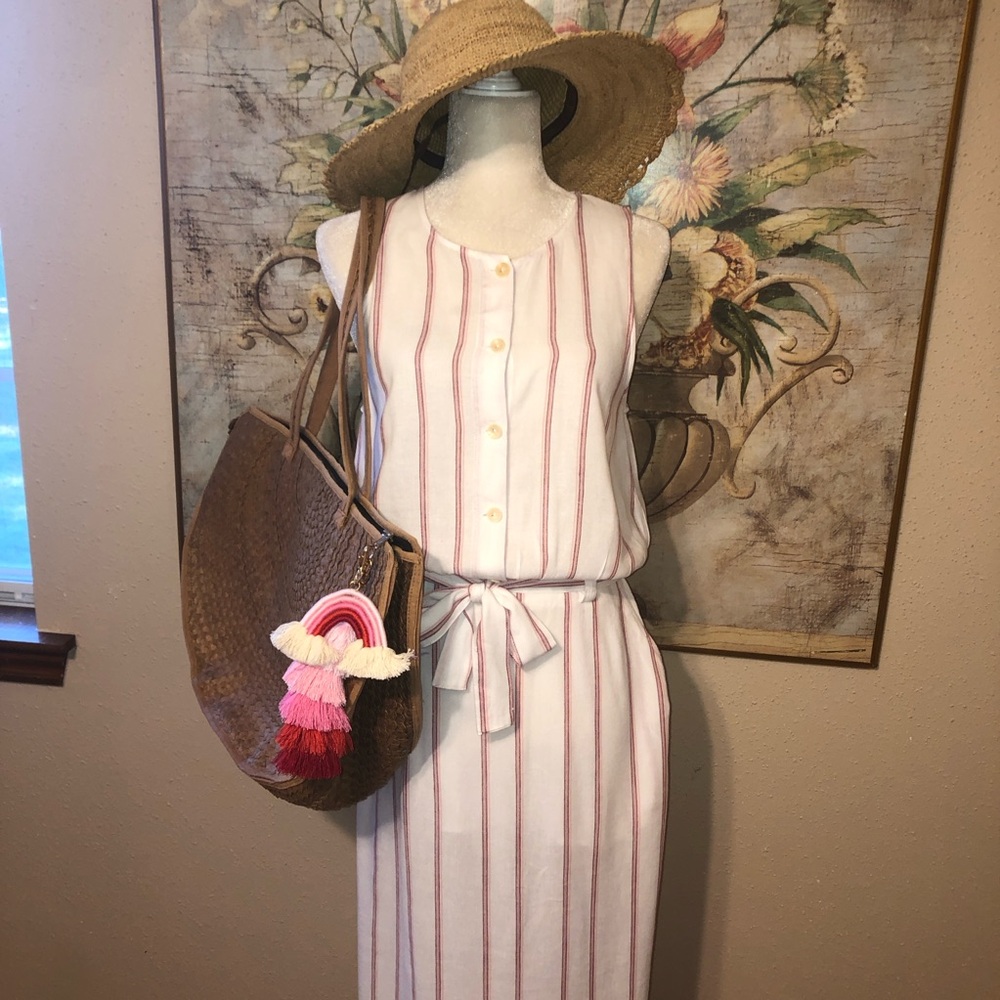 Sz S Anthropologie Splendid Gail Maxi Dress White with Pink Stripes Linenblend